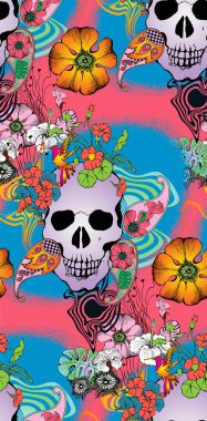 Meksika Ölüler Günü 'ne adanmış kusursuz bir model. Kumaş, duvar resmi, ambalaj kağıdı ve benzeri şeyler için uygun.