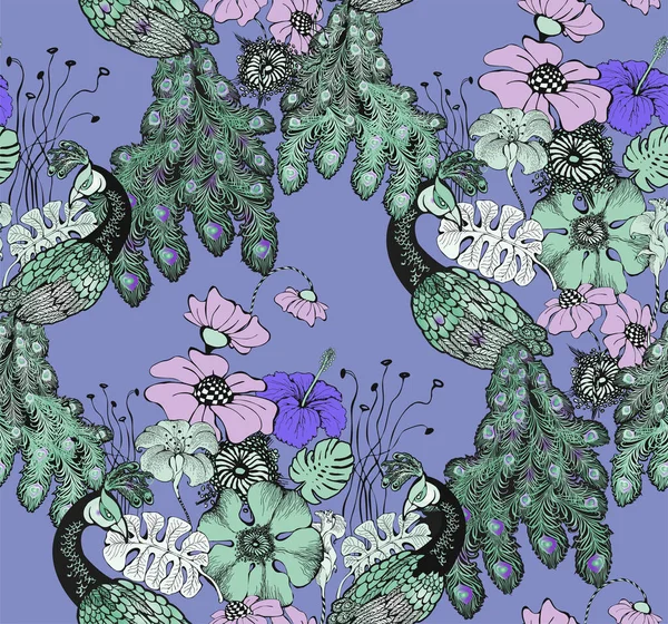 Muster Von Pfau Und Blumen Vektorillustration Geeignet Für Stoff Wandbild — Stockvektor