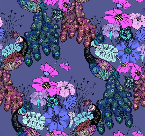 Muster Von Pfau Und Blumen Vektorillustration Geeignet Für Stoff Wandbild — Stockvektor