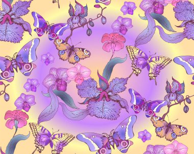 Harika çiçekler ve kelebekler. Kusursuz desen. Vektör çizimi. Kumaş, ambalaj kağıdı ve benzeri şeyler için uygun.