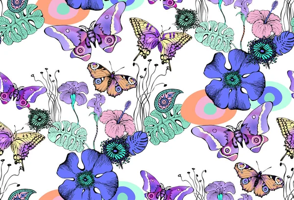 Fantásticas Flores Mariposas Patrón Sin Costuras Ilustración Vectorial Adecuado Para — Vector de stock