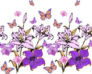 Harika çiçekler ve kelebekler. Kusursuz desen. Vektör çizimi. Kumaş, ambalaj kağıdı ve benzeri şeyler için uygun.