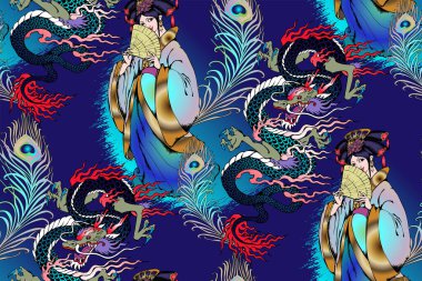 Tek boynuzlu atlar, periler ve çiçekler gibi Çin motifleri olan kusursuz desenler. Vektör illüstrasyonu