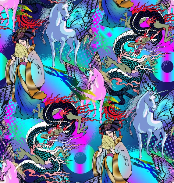 Seamless Pattern Chinese Motifs Unicorns Fairies Flowers Vector Illustration — Stock Vector