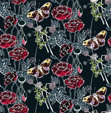 Muhteşem mavi çiçekler ve kelebekler. Kusursuz sınır. Vektör 