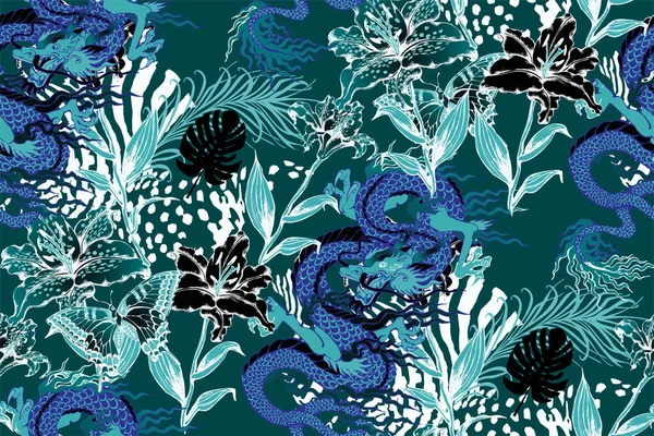 Muster Des Asiatischen Drachen Vektorillustration Geeignet Für Stoff Wandbild Packpapier — Stockvektor