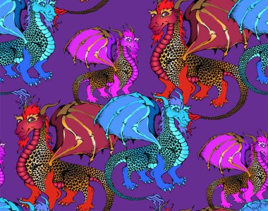 Kusursuz desenler. Ejderha ve deniz teması - balık, ahtapot, antik gemiler. Vektör çizimi. Kumaş, duvar resmi, duvar kağıdı, ambalaj kağıdı ve benzeri şeyler için uygun.