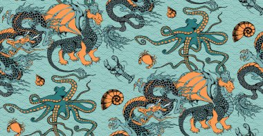 Kusursuz desenler. Ejderha ve deniz teması - balık, ahtapot, antik gemiler. Vektör çizimi. Kumaş, duvar resmi, duvar kağıdı, ambalaj kağıdı ve benzeri şeyler için uygun.