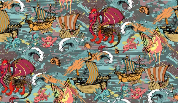 Patrones Sin Costuras Dragón Tema Náutico Peces Pulpos Barcos Antiguos — Vector de stock