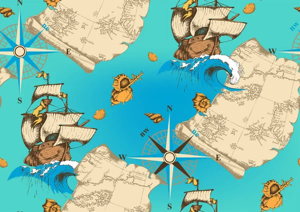 Vintage Πλοία Αδιάλειπτη Μοτίβο Εικονογράφηση Διανύσματος Κατάλληλο Για Ύφασμα Χαρτί — Διανυσματικό Αρχείο