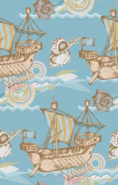 Винтажные Корабли Бесшовный Рисунок Векторная Иллюстрация Подходит Посуды Оберточной Бумаги — стоковый вектор