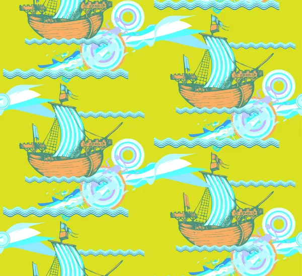Винтажные Корабли Бесшовный Рисунок Векторная Иллюстрация Подходит Посуды Оберточной Бумаги — стоковый вектор
