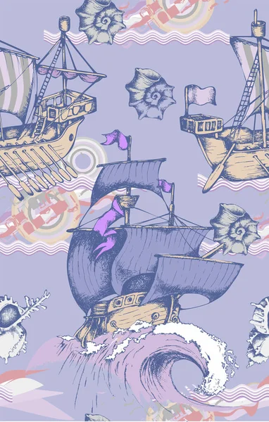 Vintage Πλοία Αδιάλειπτη Μοτίβο Εικονογράφηση Διανύσματος Κατάλληλο Για Ύφασμα Χαρτί — Διανυσματικό Αρχείο
