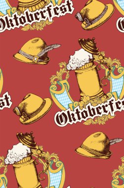 Oktoberfest bira partisinin kusursuz bir örneği ve bira festivaliyle ilgili farklı nesneler. İşlemeli stil. Vektör çizimi. Kumaş, duvar resmi, ambalaj kağıdı ve benzeri şeyler için uygun.