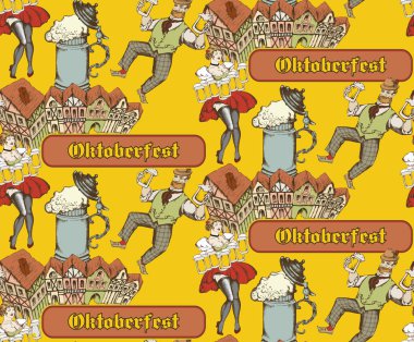 Oktoberfest bira partisinin kusursuz bir örneği ve bira festivaliyle ilgili farklı nesneler. İşlemeli stil. Vektör çizimi. Kumaş, duvar resmi, ambalaj kağıdı ve benzeri şeyler için uygun.