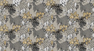 Zambak deseni ve hayvan dokusu. Vektör çizimi. Kumaş, duvar resmi, ambalaj kağıdı ve benzeri şeyler için uygun.