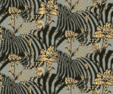 Zambak deseni ve hayvan dokusu. Vektör çizimi. Kumaş, duvar resmi, ambalaj kağıdı ve benzeri şeyler için uygun.