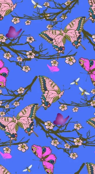 Fantastyczne Niebieskie Kwiaty Motyle Płynny Wzór Ilustracja Wektora Nadaje Się — Wektor stockowy