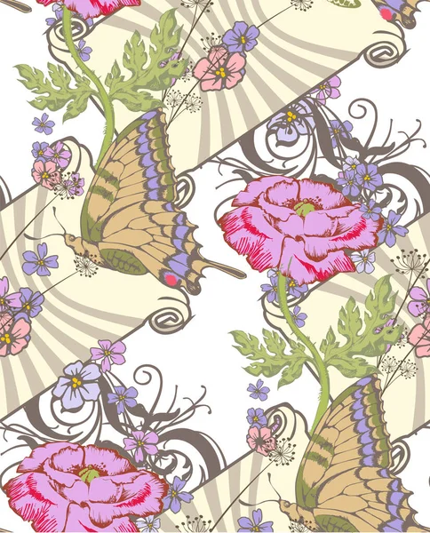 Harika Çiçekler Kelebekler Kusursuz Desen Vektör Çizimi Kumaş Duvar Resmi — Stok Vektör