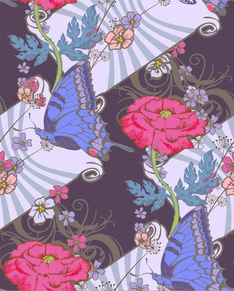 Fantastiques Fleurs Papillons Bleus Modèle Sans Couture Illustration Vectorielle Convient — Image vectorielle