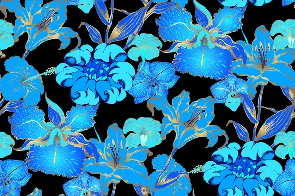 Fantasztikus Kék Virágok Pillangók Zökkenőmentes Minta Vektor Illusztráció Szövet Freskó — Stock Vector