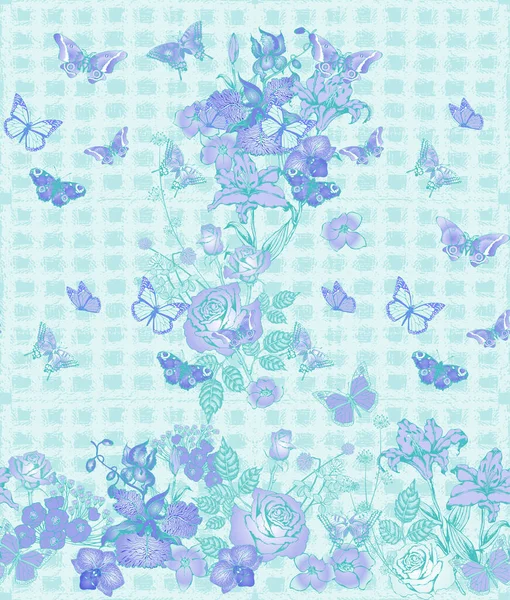 Fantastiques Fleurs Papillons Bleus Modèle Sans Couture Illustration Vectorielle Convient — Image vectorielle