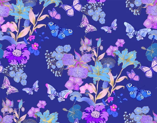 Fantastische Blaue Blumen Und Schmetterlinge Nahtloses Muster Vektorillustration Geeignet Für — Stockvektor
