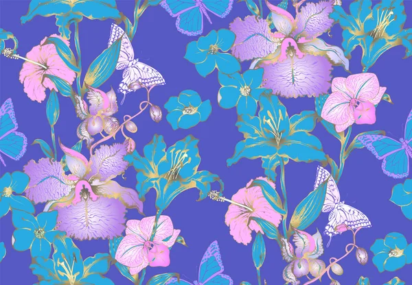 Fantastic Blue Flowers Butterflies Seamless Pattern Vector Illustration Suitable Fabric — Stock Vector