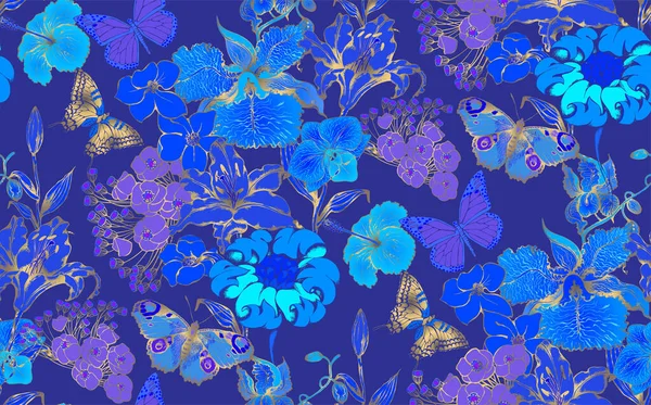 Фантастические Голубые Цветы Бабочки Бесшовный Шаблон Векторная Иллюстрация Подходит Настенной — стоковый вектор