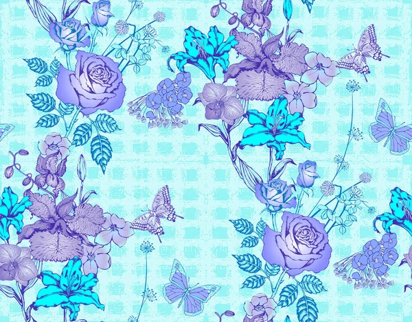 Fantastische Blaue Blumen Und Schmetterlinge Nahtloses Muster Vektorillustration Geeignet Für — Stockvektor