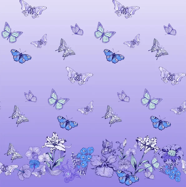 Muhteşem Mavi Çiçekler Kelebekler Kusursuz Desen Vektör Çizimi Kumaş Duvar — Stok Vektör