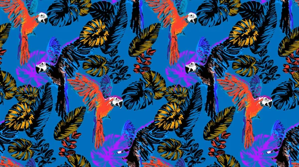Nahtloses Muster Aus Papageien Und Monsterblättern Nahtloses Muster Vektorillustration Geeignet — Stockvektor