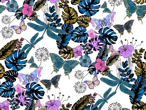 Fantásticas Flores Mariposas Hojas Monstera Patrón Sin Costuras Ilustración Vectorial — Archivo Imágenes Vectoriales