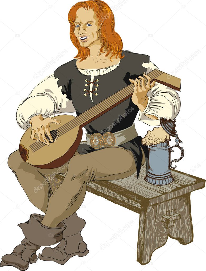 Medieval minstrel. Vector illustration  For Wallpaper, Banner, Background, Card, Book, Mural, Illustration, landing page, cover, placard, poster, banner, flyer 