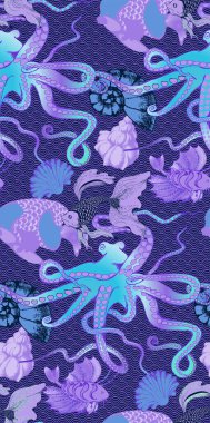 Fantastik balık ve ahtapot deseni. Vektör çizimi. Kumaş, ambalaj kağıdı ve benzeri şeyler için uygun.