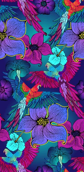 Nahtloses Muster Von Papageien Und Blumen Geeignet Für Stoff Packpapier — Stockvektor