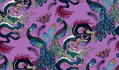 Tavus kuşu ve Asyalı ejderha deseni. Vektör çizimi. Kumaş, duvar resmi, ambalaj kağıdı ve benzeri şeyler için uygun.