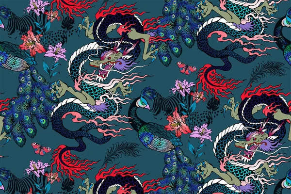 Muster Von Pfau Und Asiatischem Drachen Vektorillustration Geeignet Für Stoff — Stockvektor