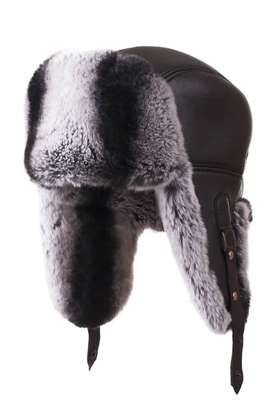 Чёрная кожаная зимняя шляпа шиншилла — стоковое фото