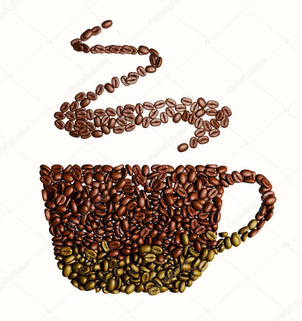 Illustration of Cup with coffee beans on red background