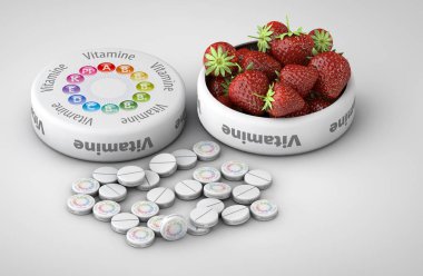 Çilek ve izole - hap vitamin kavramı kapat