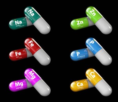 mineraller Illustration. Parlak hap kapsül ve vitamin kompleksi bırakır. Sağlıklı yaşam tıbbi besin takviyesi.