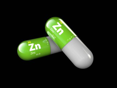 Çinko madeni Illustration. Parlak damla hap kapsül ve vitamin kompleksi. Sağlıklı yaşam tıbbi besin takviyesi.