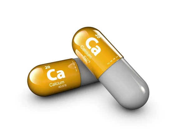 Illustratie van mineraal Calcium. De daling van de glanzende pil capsule en vitamine complex. Gezond leven medische voedingssupplement. — Stockfoto