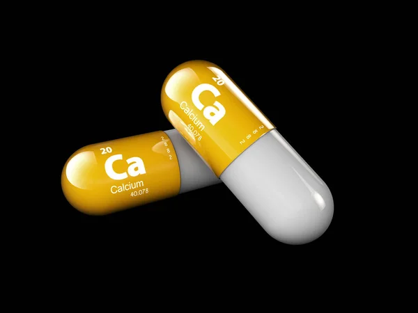 Illustratie van mineraal Calcium. De daling van de glanzende pil capsule en vitamine complex. Gezond leven medische voedingssupplement. — Stockfoto