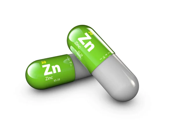 Illustration of Zinc mineral. Glossy drop pill capsule and vitamin complex. Healthy life medical dietary supplement. — Stock Photo, Image