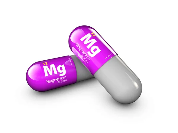 Illustratie van het mineraal Magnesium. De daling van de glanzende pil capsule en vitamine complex. Gezond leven medische voedingssupplement. — Stockfoto