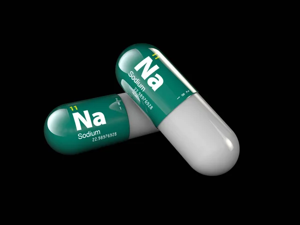 Illustratie van een mineraal van natrium. De daling van de glanzende pil capsule en vitamine complex. Gezond leven medische voedingssupplement. — Stockfoto