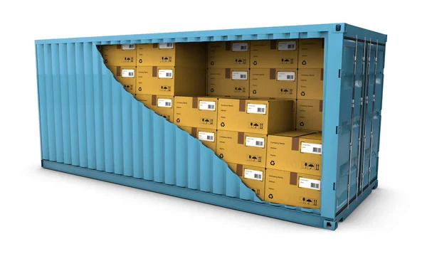 Beyaz arka plan üzerinde paketleri ile mavi konteynır çizimi