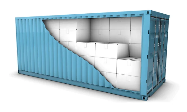 Beyaz arka plan üzerinde paketleri ile mavi konteynır çizimi — Stok fotoğraf